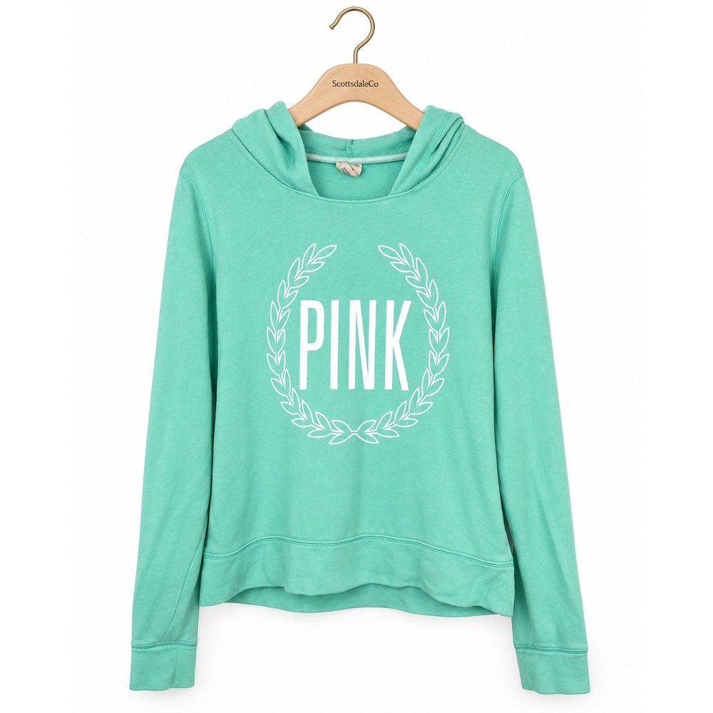 PINK Victoria's Secret Hoodie Women M Green Cotton Blend Wreath Logo Pullover